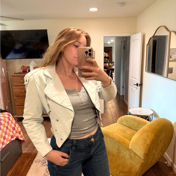 Vintage 80s White Leather Moto Jacket Coat Cropped Size Medium - Picture 3 of 12